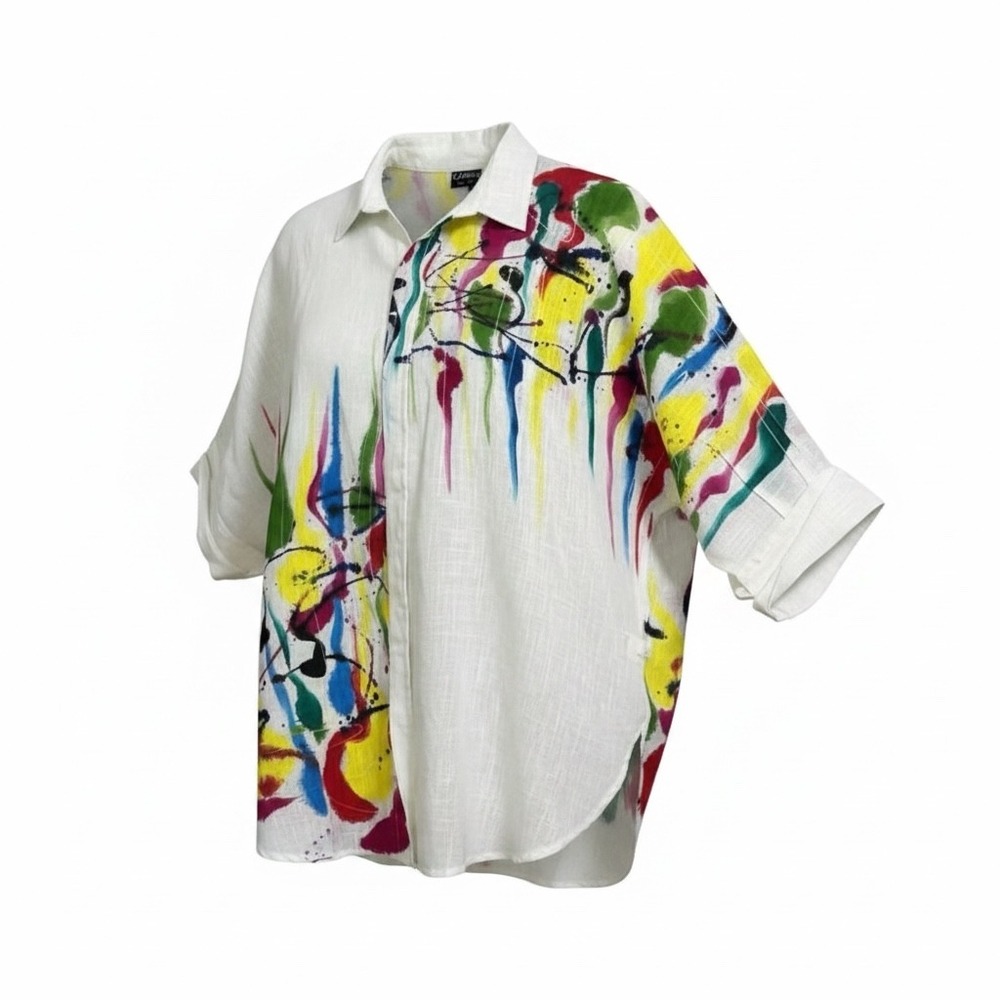 Dilemma Button Down Women OS White Paint Splatter Organic Cotton Oversized Shirt - Picture 1 of 8